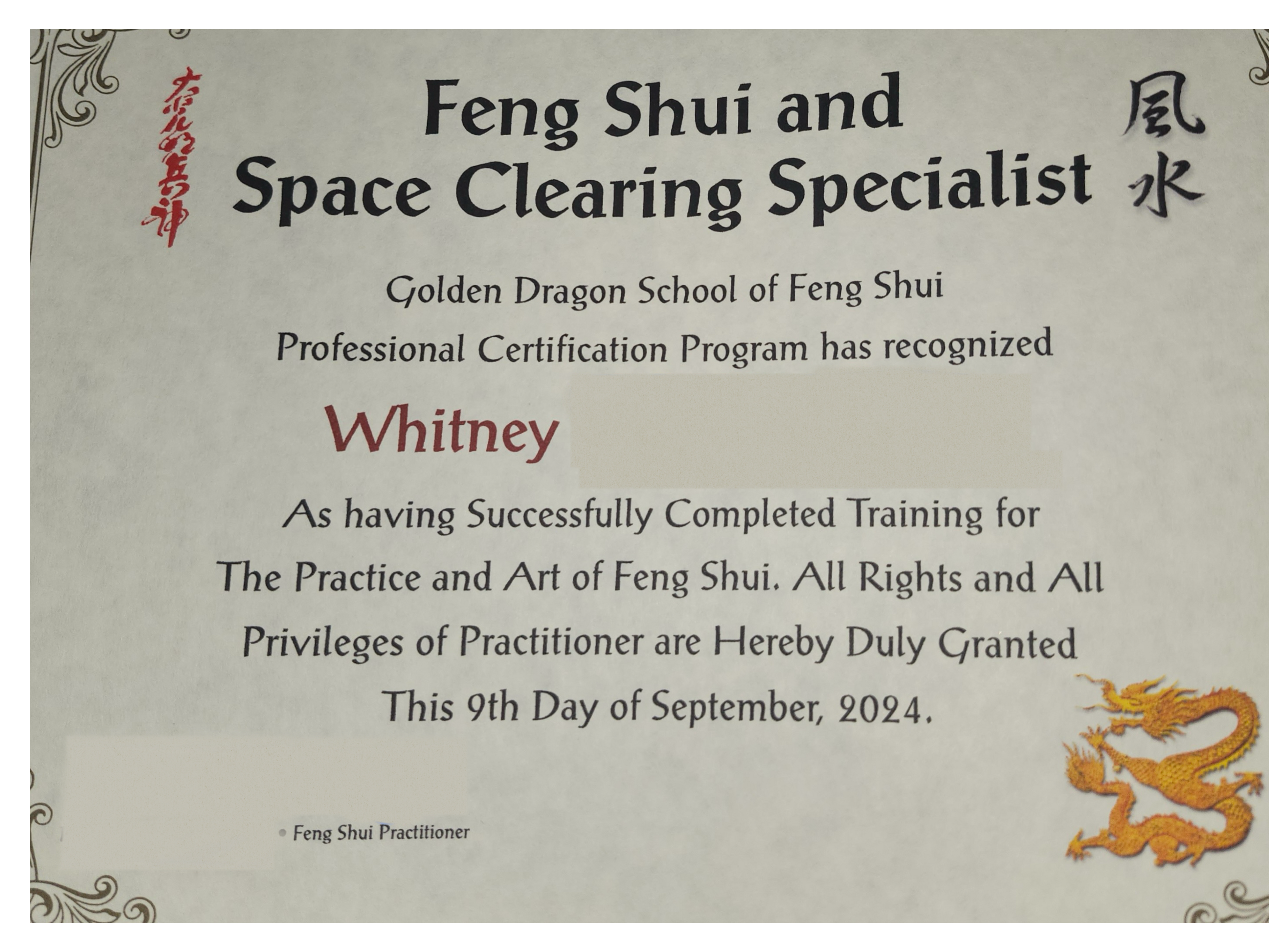 Certification as a Feng Shui & Space Clearing Specialist
